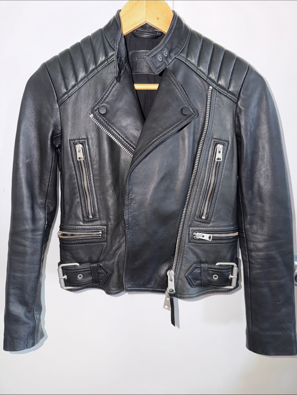 All Saints Black Kerr Biker Jacket 100% Lamb Leather Jacket Sz. 0 - Picture 2 of 8